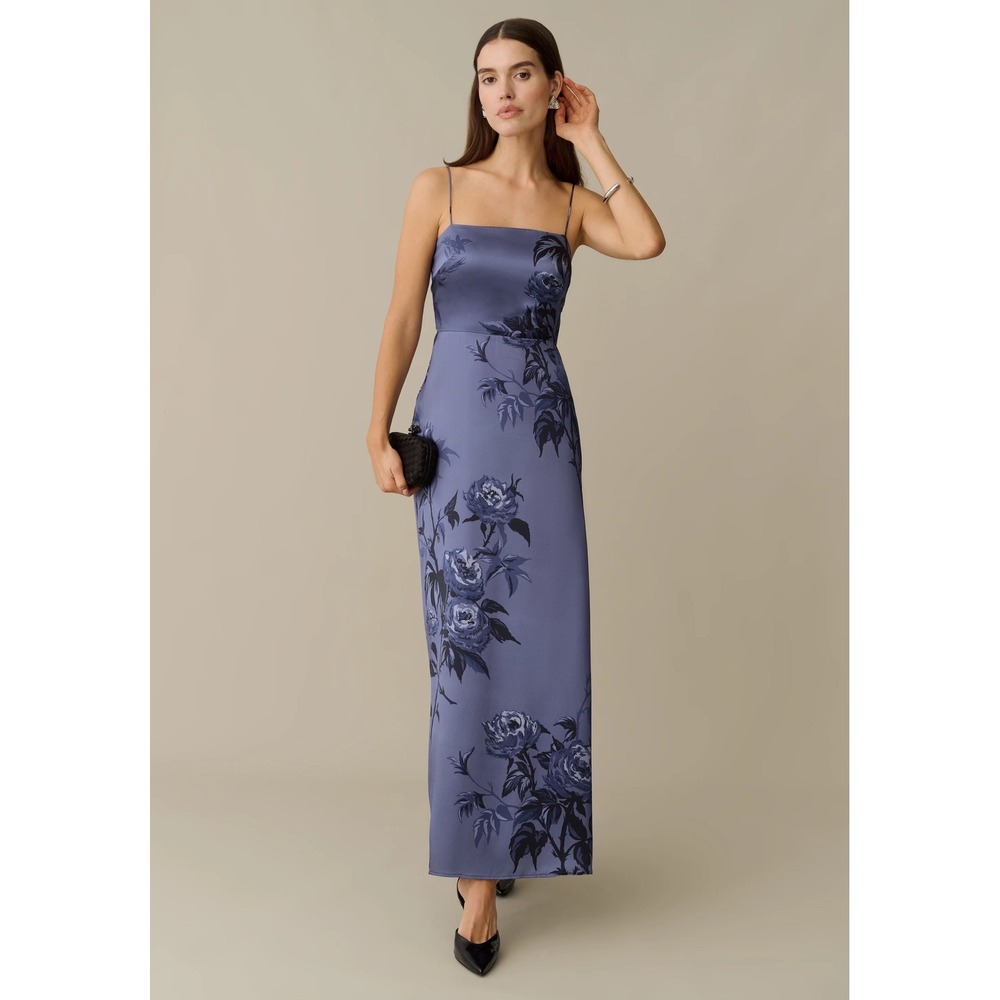 Kourt Selena Dusty Blue Floral 100% Silk Maxi Dress Square Neck Smocked Back 6